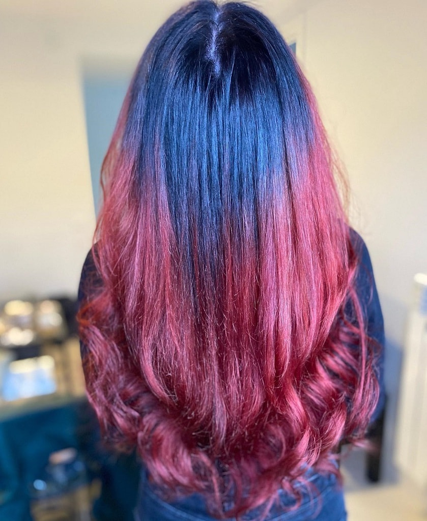 blue black to cherry red ombre hair