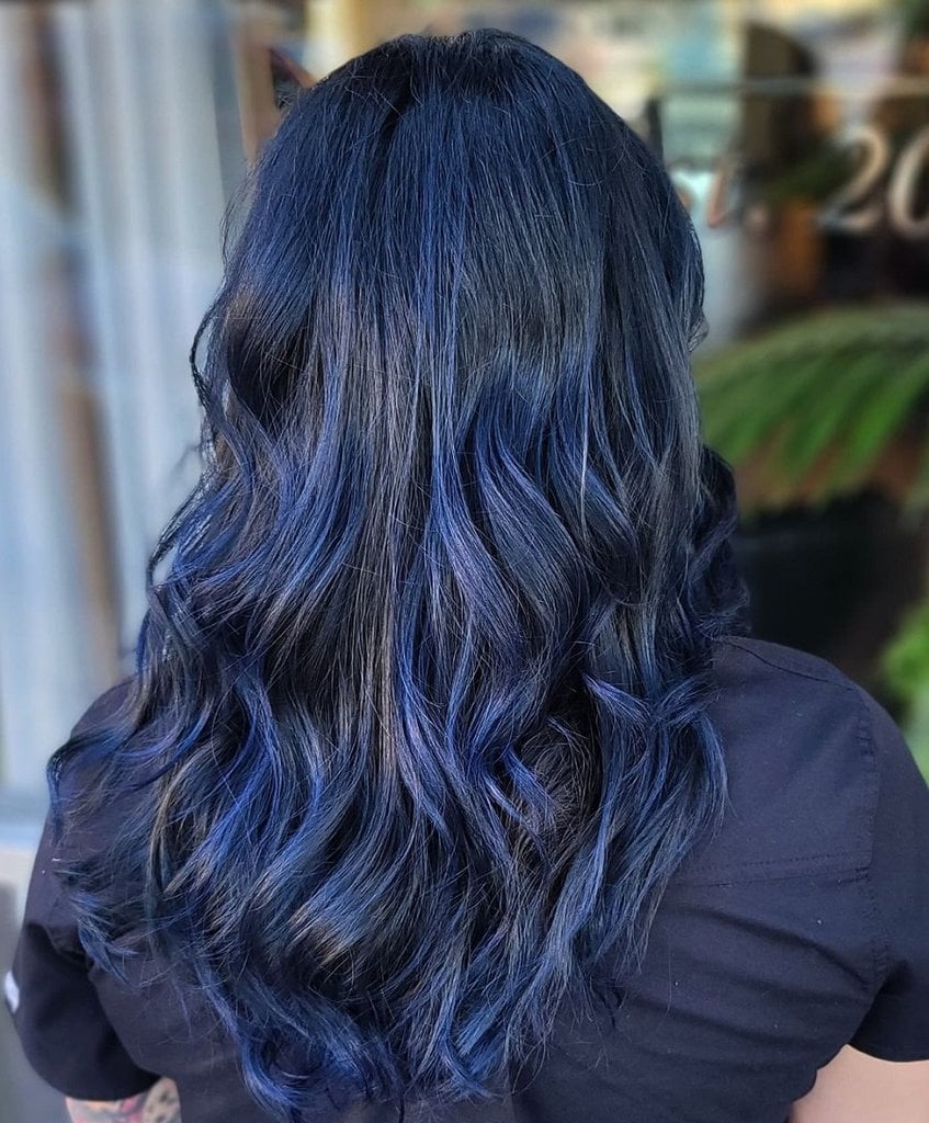 blue lowlights on dark hair