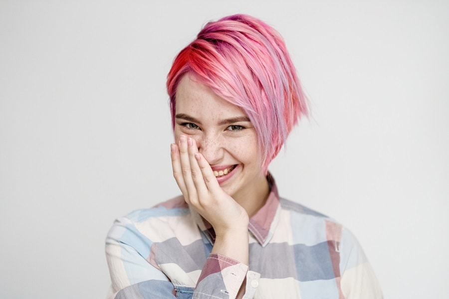 pink short angle bob for women