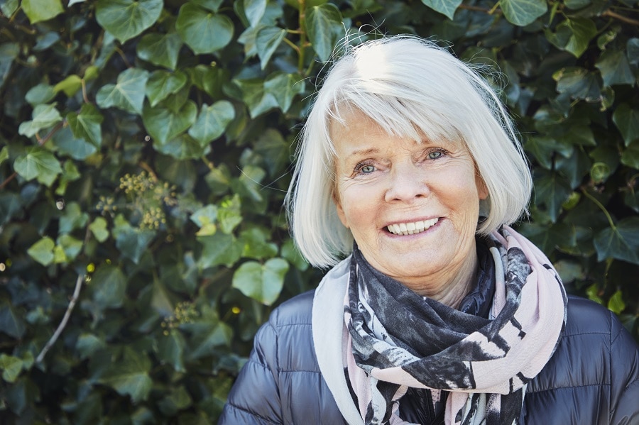 platinum bob with bangs for older woman