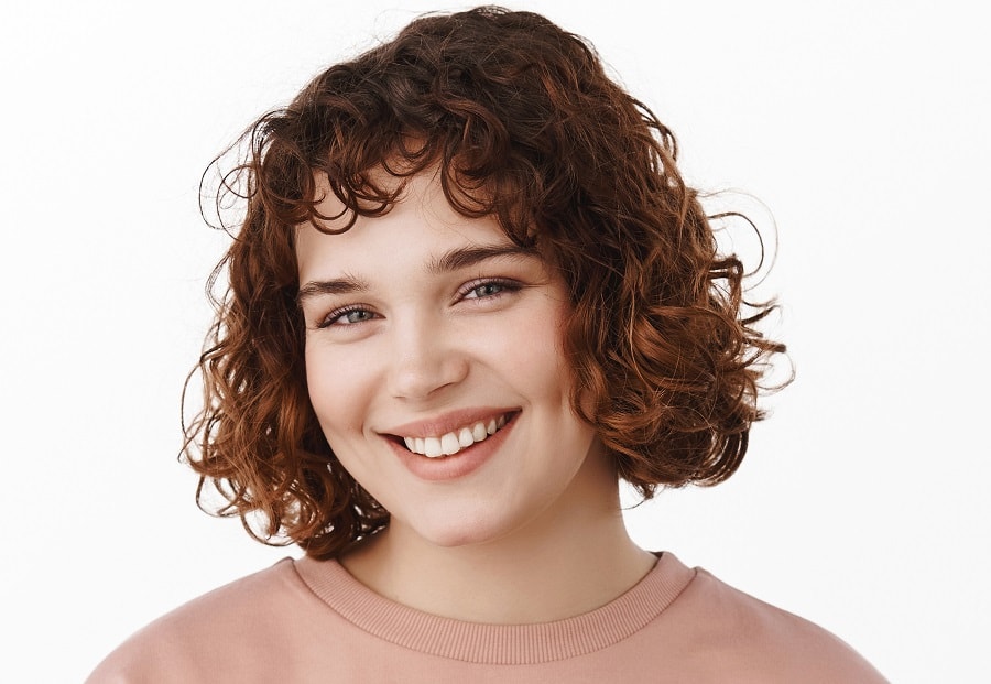 brown perm hair with bangs