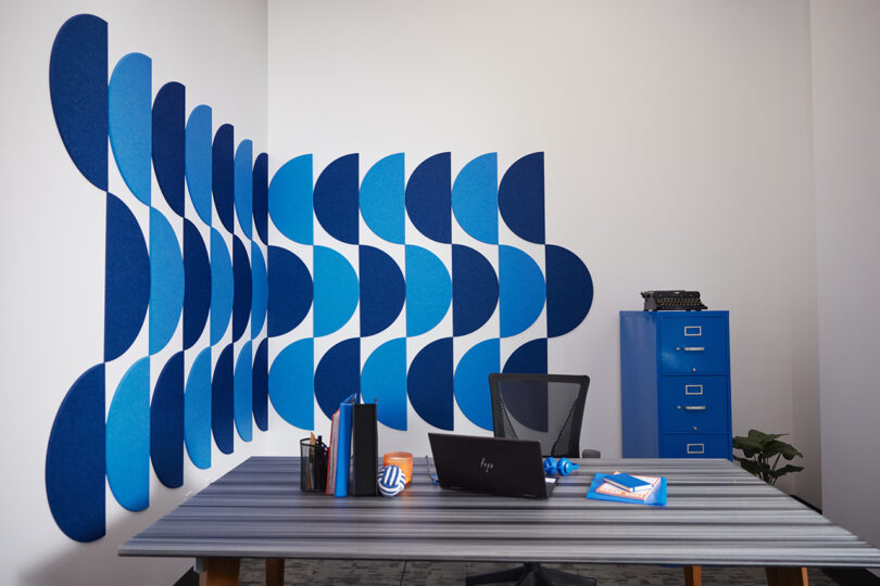 cyan and blue colored felt acoustic wall tiles