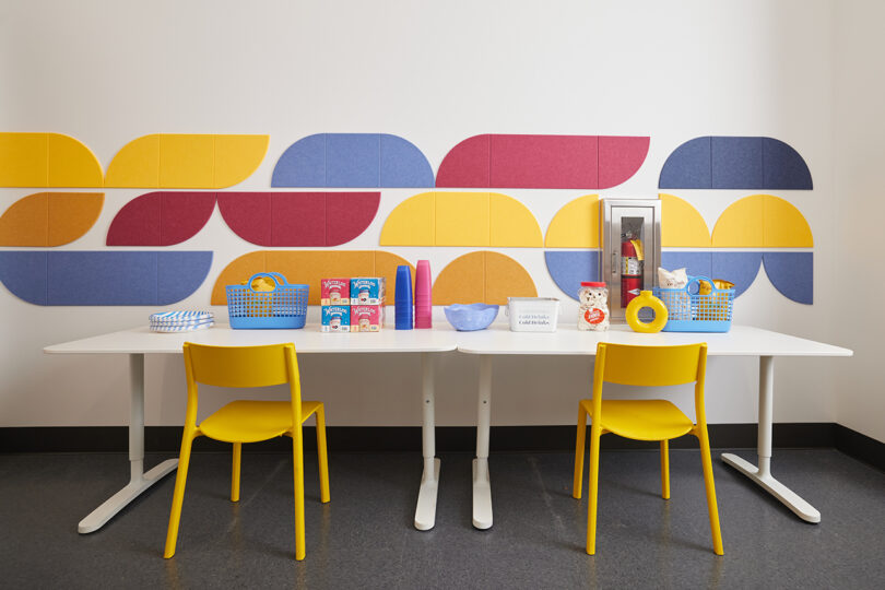 bright yellow, pink, orange, and purple felt acoustic wall tiles