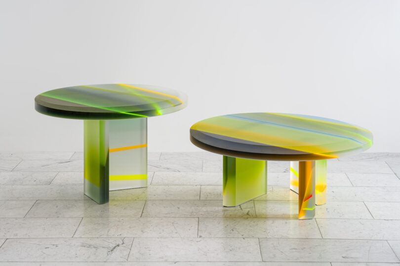 two colorful lucite coffee tables