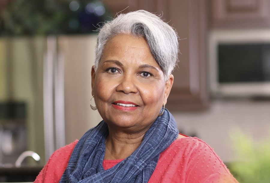 short gray hair with side bangs for older woman