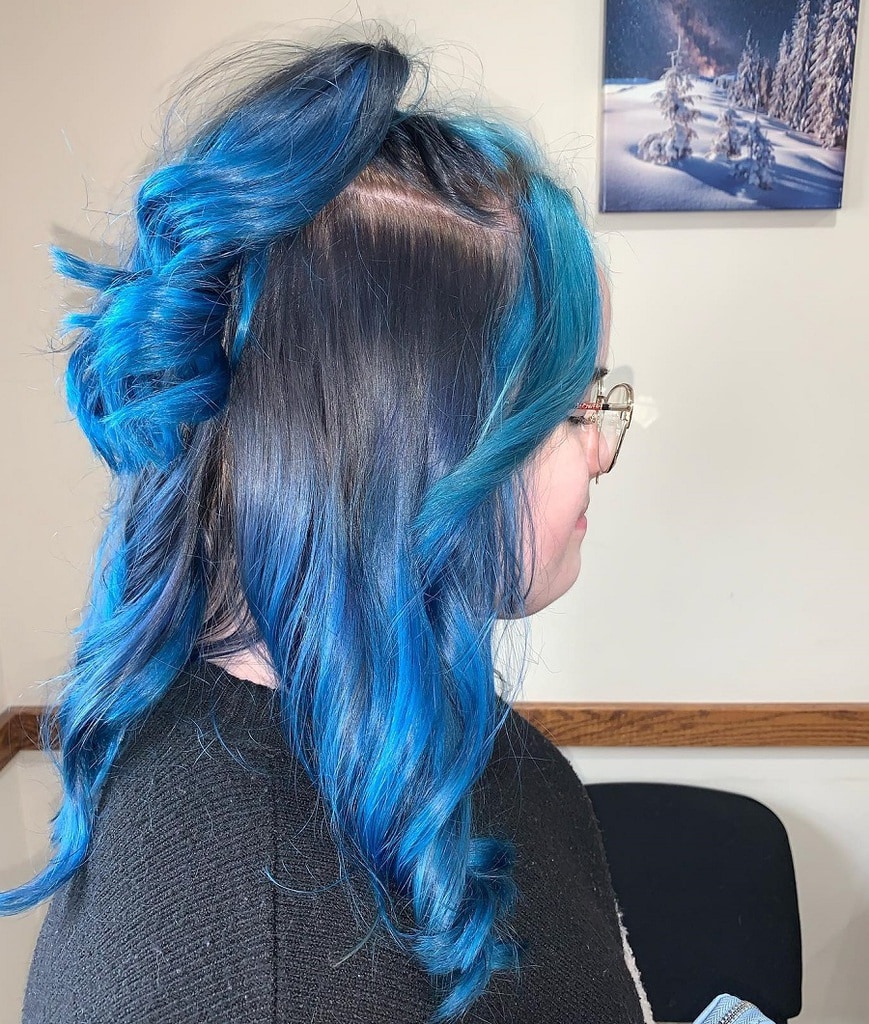 half updo with blue face framing highlights