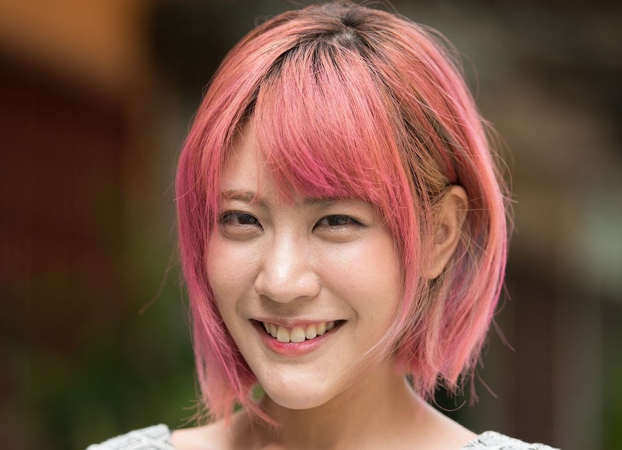 pink short hair with Asian bangs for diamond face shape