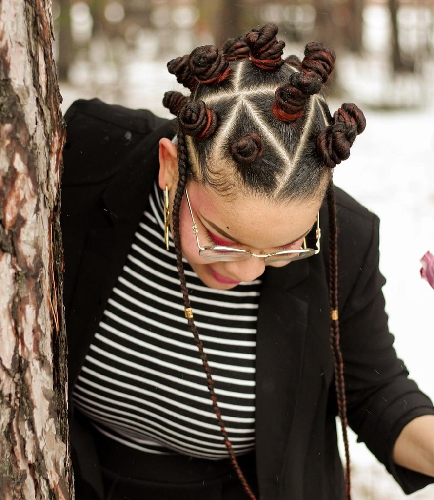 red and black bantu knots for long hair