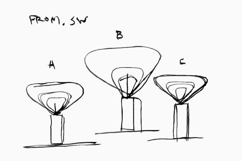 Rough line drawing sketch of three sizes of the Drop Light labeled A, B and C – a lamp design comprised of three parabolic forms gathered into a fan-like shape nested into one another and held together by a cylindrical wood base.