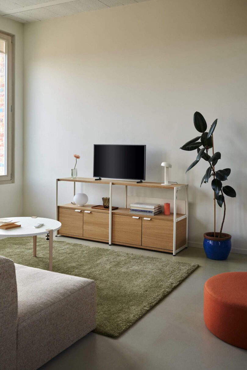 tv stand with wooden doors in a living room