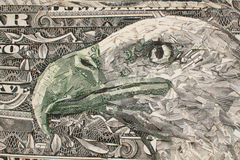 Head of bald eagle made from shredded US currency