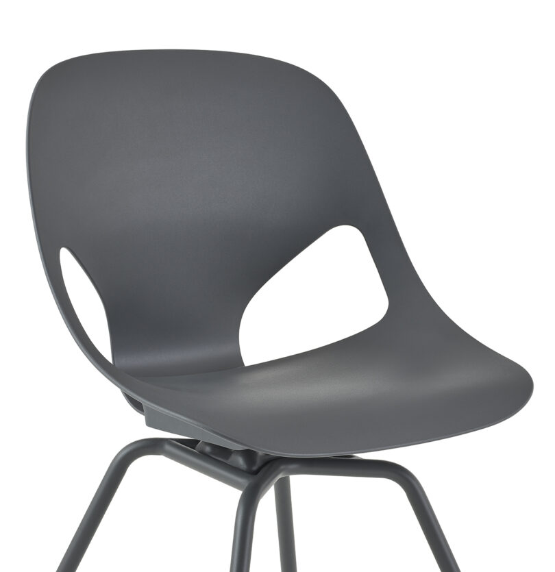 Modern dark grey chair mounted on a simple black metal frame.